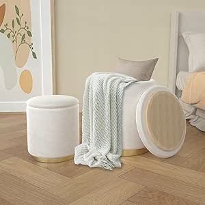 Amazon.com: Round Ottoman with Storage Set of 2, Multifunctional Upholstered Soft Velvet ...