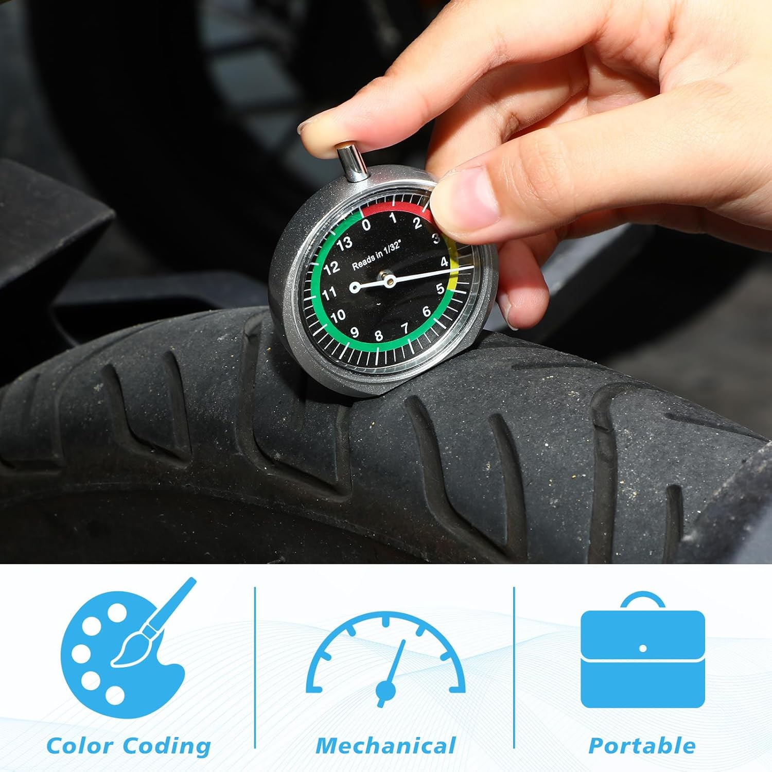 Tallew 10 Pcs Tire Tread Depth Gauge in 32nds Dial Type with Color Coded Easy Reading Tire Tread Gauge Professional Tool for Motorcycle Car Truck Bus, Silver