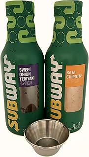 Subways Sweet Onion Teriyaki Sauce and Baja Chipotle Sauce (Two 16 oz bottles) Bundle with Two stainless steel sauce cups, 1.5 oz each