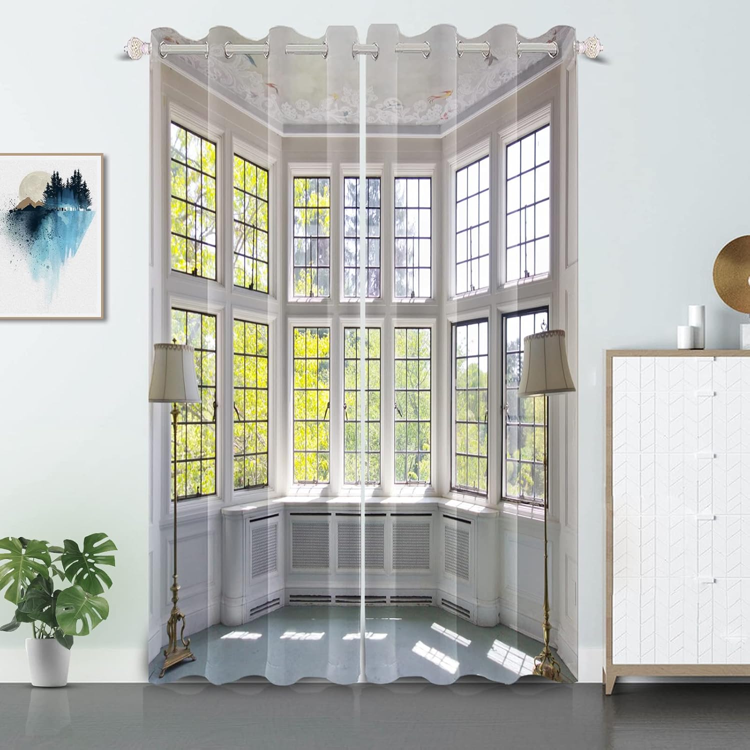 Laeacco Window Landscape Blackout Curtains Nature 3D Window Scenery Curtain Drapes White Modern Balcony Green Trees Room Darkening Curtains for Home Office Bedroom Living Room 26x63 Inch, 2 Panels