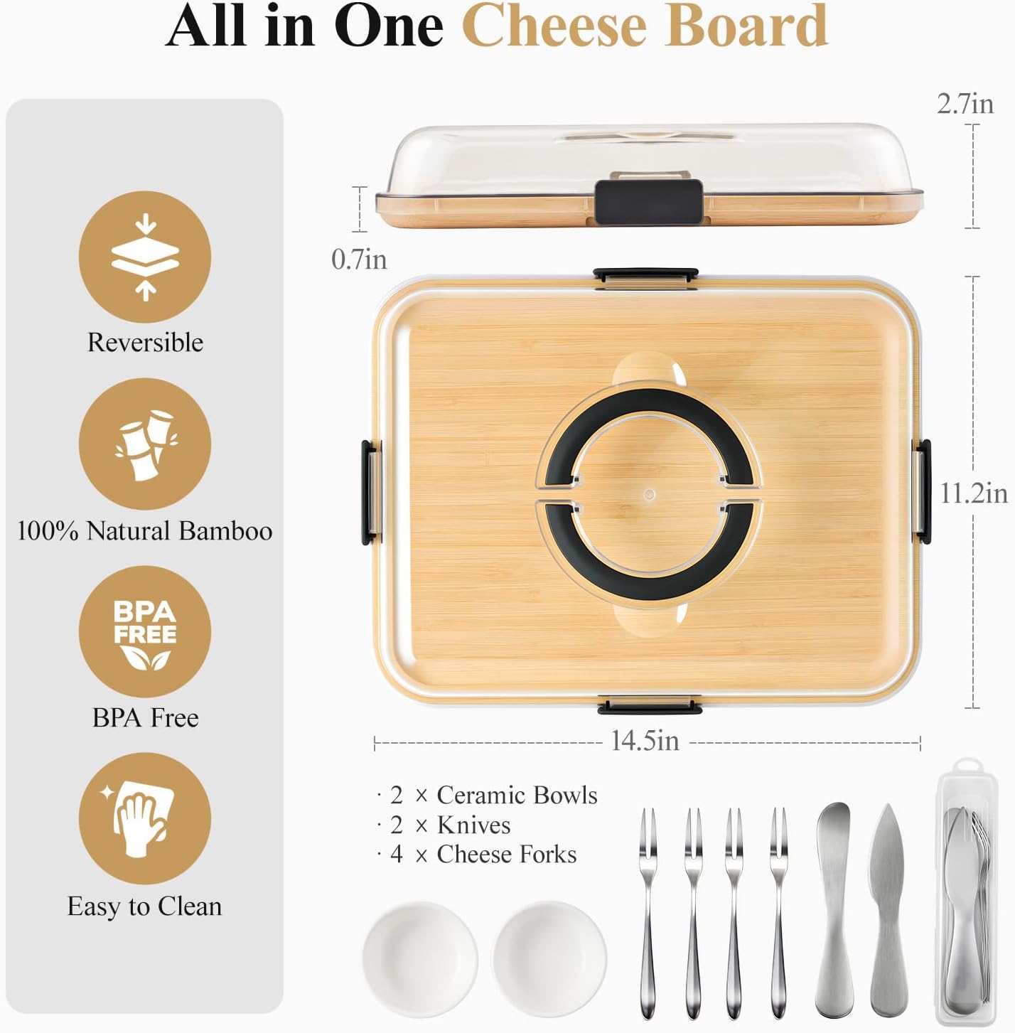Charcuterie Board Set with Lid, Travel Portable Design Bamboo Cheese Board, Gift for Housewarming, Christmas, Weddings, Picnics (1 Compartment)