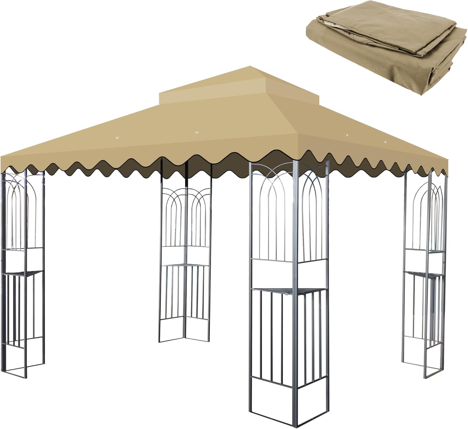 10x10 Ft Outdoor Patio Gazebo Replacement Canopy,Double Tiered Gazebo Tent Roof Top Cover Only wavy border(Frame Not Include) Tan