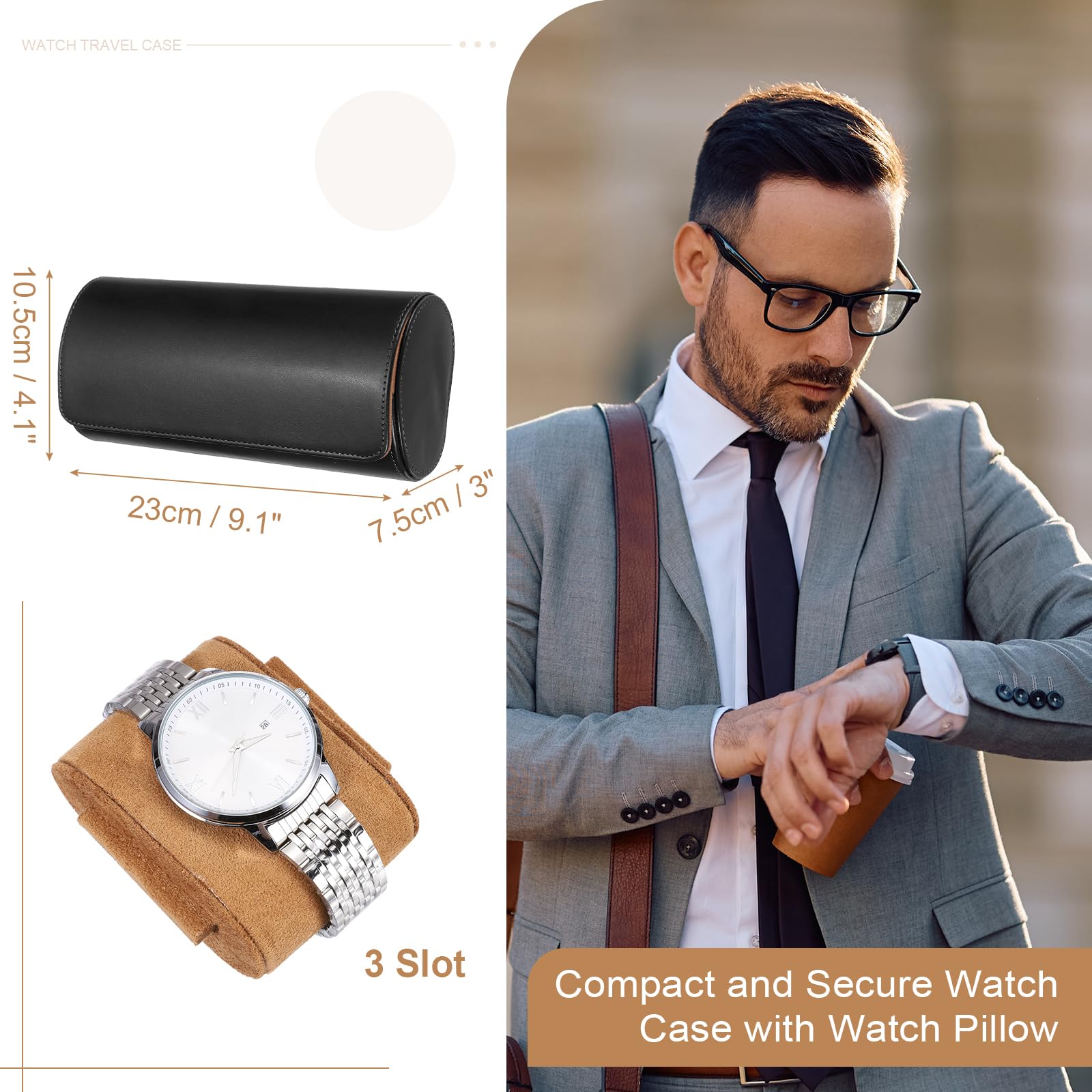 Custodia da viaggio per orologio da uomo in pelle, astuccio arrotolabile per orologio, scatola portaoggetti portatile per orologio, ideale per Natale, compleanno e anniversario, con 3 scomparti (ner