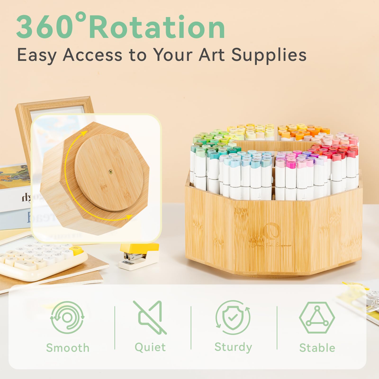 Ohuhu Organiseur rotatif pour marqueurs à alcool, rotation à 360 degrés en bambou pour bureau - Peut contenir 162 marqueurs Honolulu et B - Porte-crayons avec 8 compartiments pour la maison, la salle