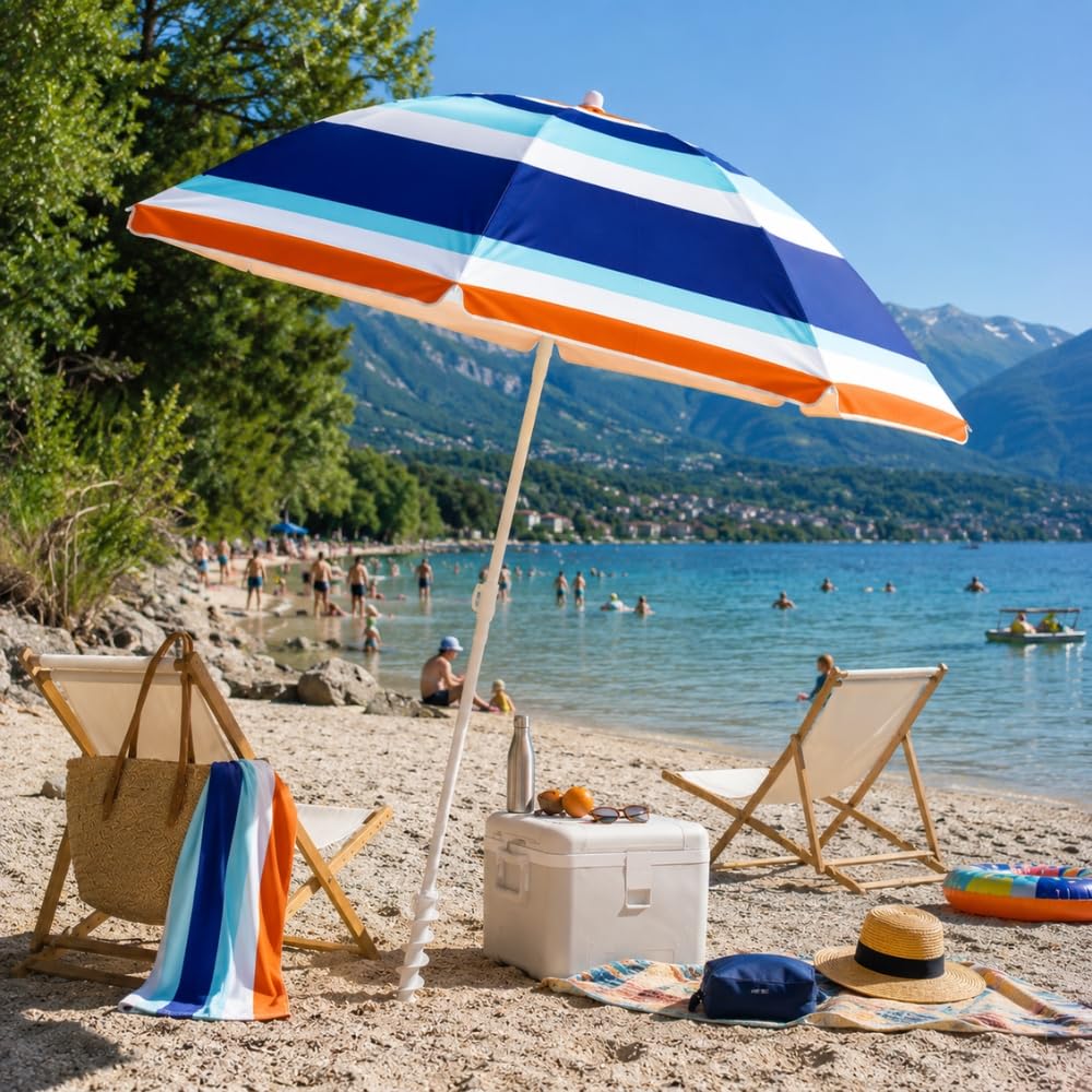Parasol de Plage Alu Luxe Inclinable 210 cm UPF 50+ – Fibre de Verre, Pied Vissable, Housse de Transport et Toile Anti-UV