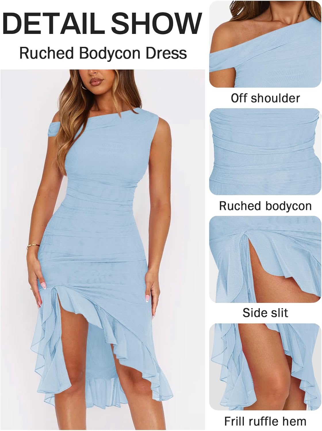 Women Sleeveless One Shoulder Bodycon Midi Dress Summer Side Slit Mesh Irregular Ruffle Cocktail Dress for Women - Image 4
