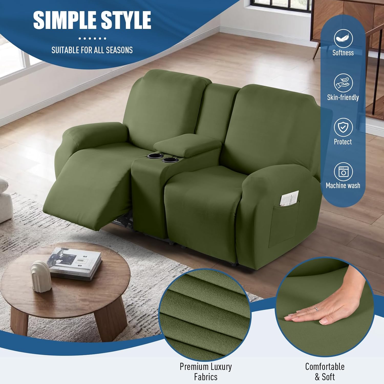 TAOCOCO Recliner Loveseat with Console Covers 4 Piece Stretch Recliner Sofa Covers Polyester Fabric Recliner Covers Soft Washable Furniture Protector (Olive Green, 2 Seater with Console Cover)