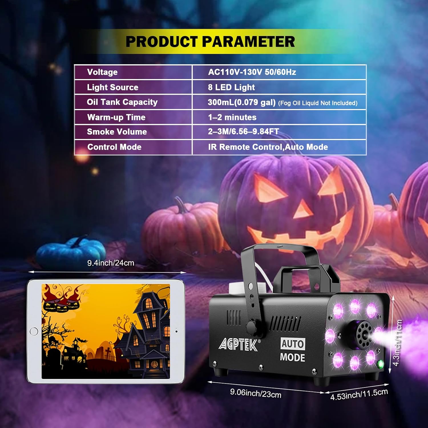 AGPTEK Fog Machine, Smoke Machine with 12 Colorful LED Lights Effect, Upgraded Auto Mode 600W 4000CFM Fog & 1 Wireless Remote,Low Fluid Auto Shut-Off,Good for Wedding Halloween Party and Stage Effect
