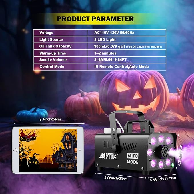Máquina de humo AGPTEK 600W RGB con control remoto y luces LED miniatura 7