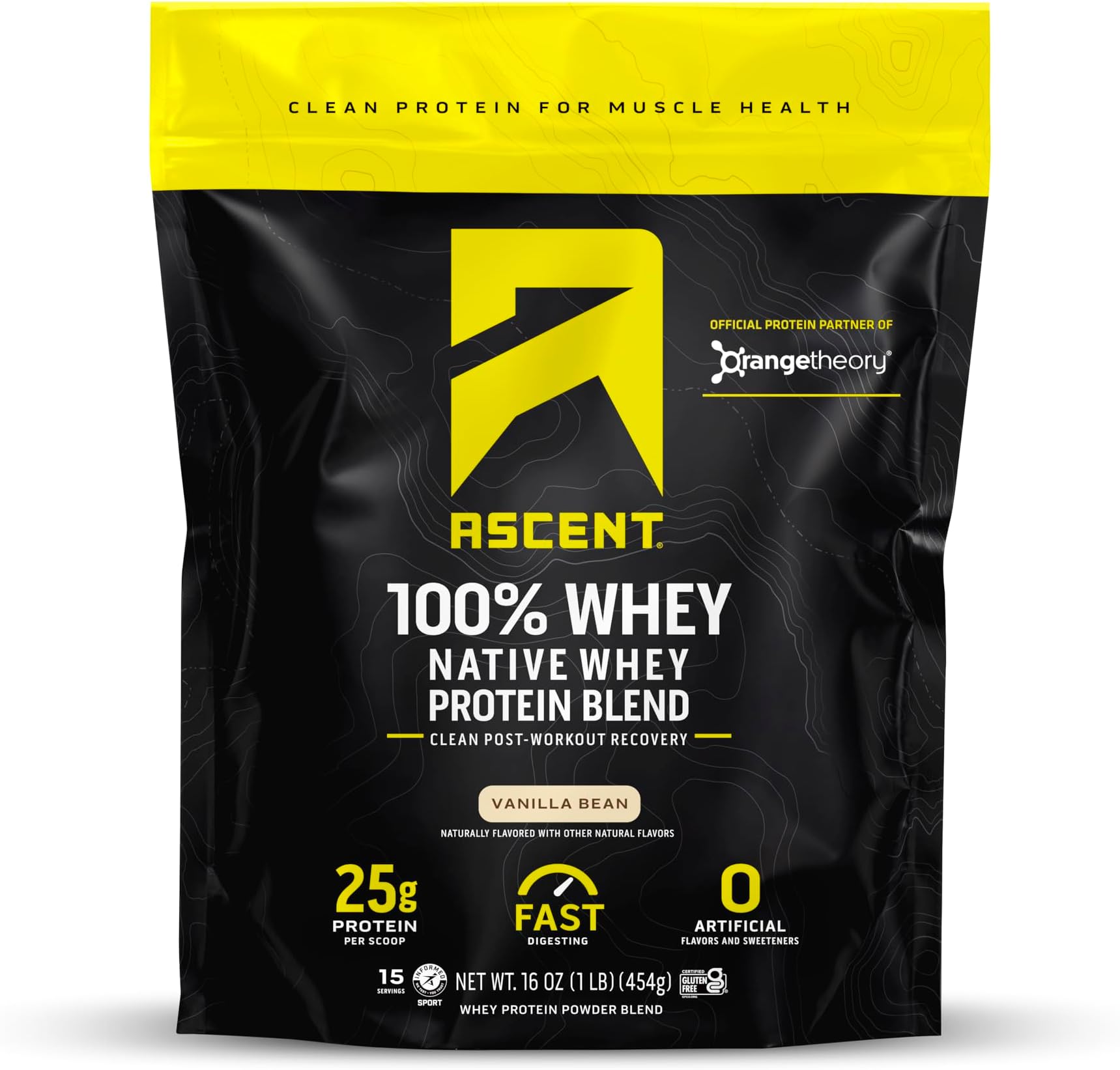 Ascent100% Whey Protein Powder - Post Workout Whey Protein Isolate, Zero Artificial Flavors & Sweeteners, Soy & Gluten Free, 5.5g BCAA, 2.6g Leucine, Essential Amino Acids, Vanilla Bean 1 lb