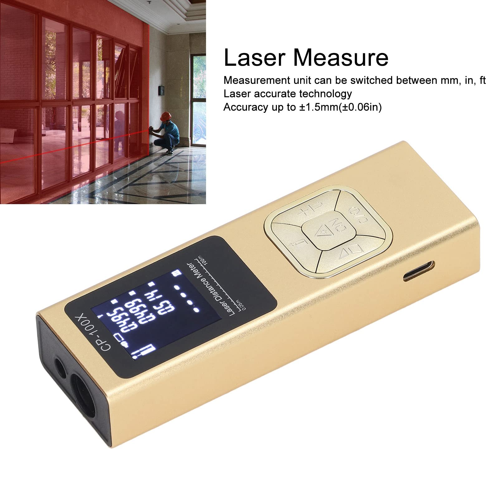 Telémetro Láser, Carcasa de Aleación de Aluminio de Medición Láser de Alta Precisión IP54 Portátil a Prueba de Polvo con Silencio para Uso en Interiores (100 metros)