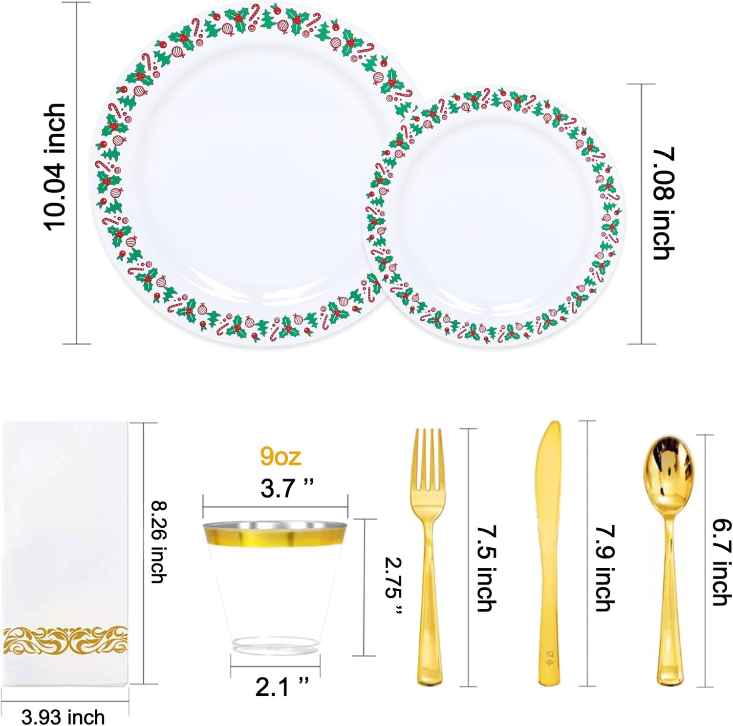 175pcs Christmas Party Supplies - 25 Plastic Plates, 25 Gold & Silver Disposable Plastic Silverware, Clear Gold Cups for Christmas