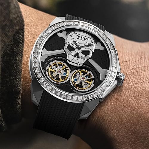 Miniatura 4 de Relojes automáticos para hombre, doble tourbillon volador con esfera de esqueleto y cabeza fantasma, correa de silicona, reloj de pulsera mecánico