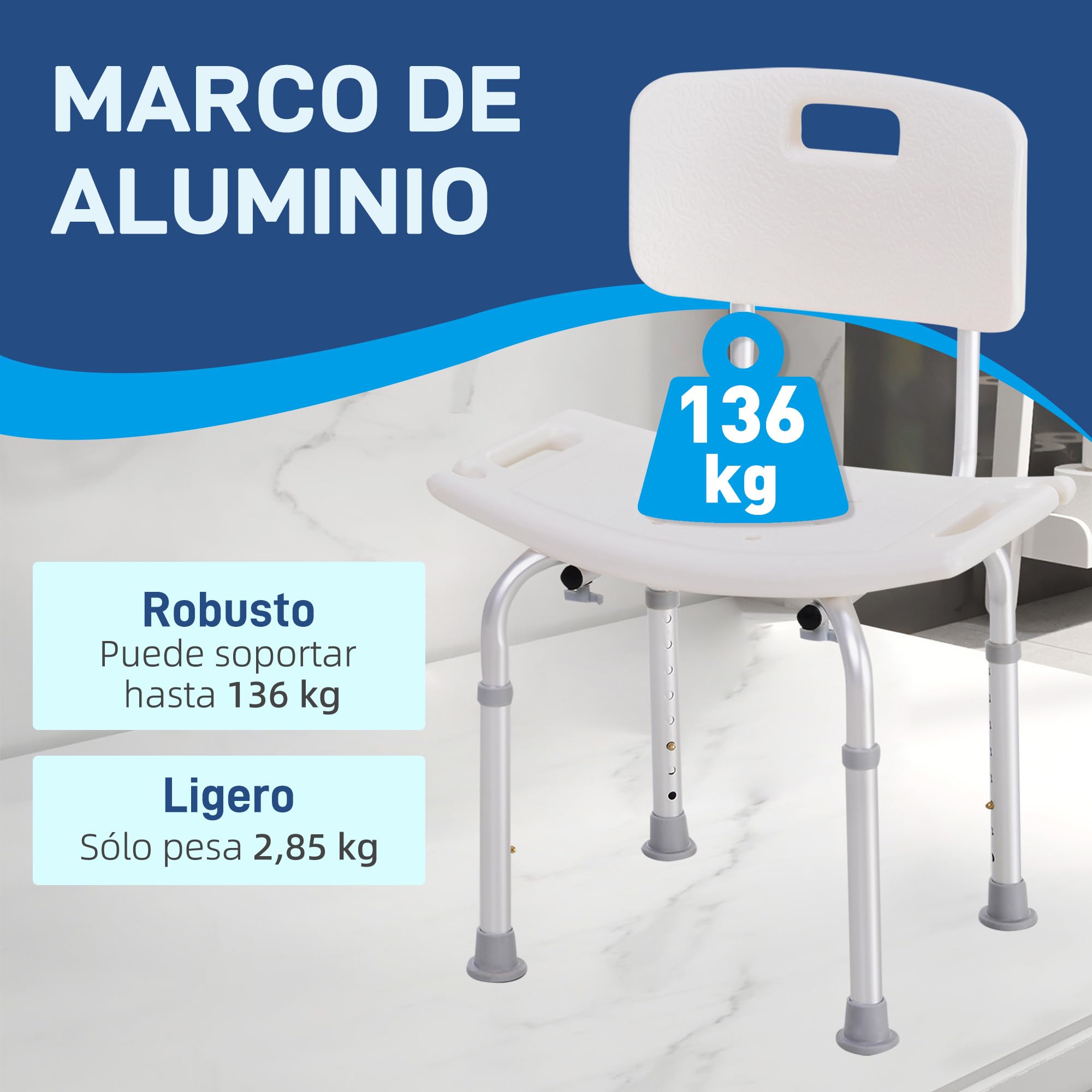 HOMCOM Silla para Ducha Personas Mayores Taburete de Ducha con Altura Ajustable en 8 Niveles Respaldo y Alfombrillas Antideslizante Ayuda para Baño para Ancianos y Discapacitados