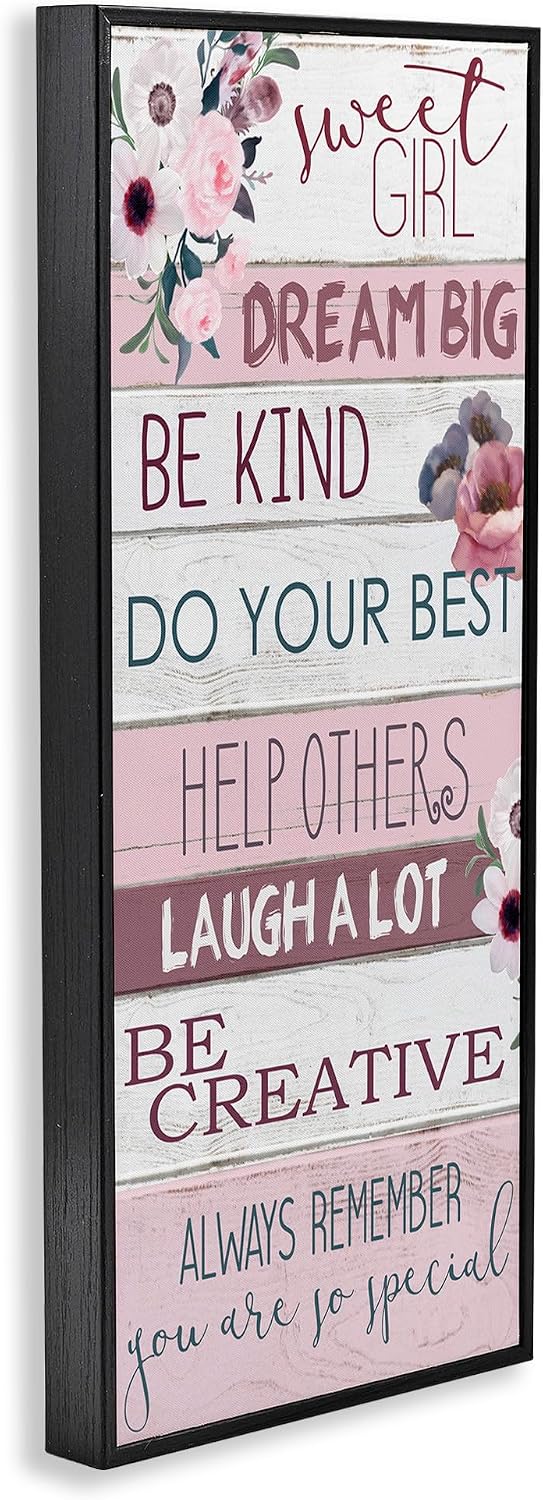 Stupell Industries Sweet Girl Inspirational Phrases Soft Pink Florals, Designed by Kim Allen Black Framed Wall Art, 13 x 30