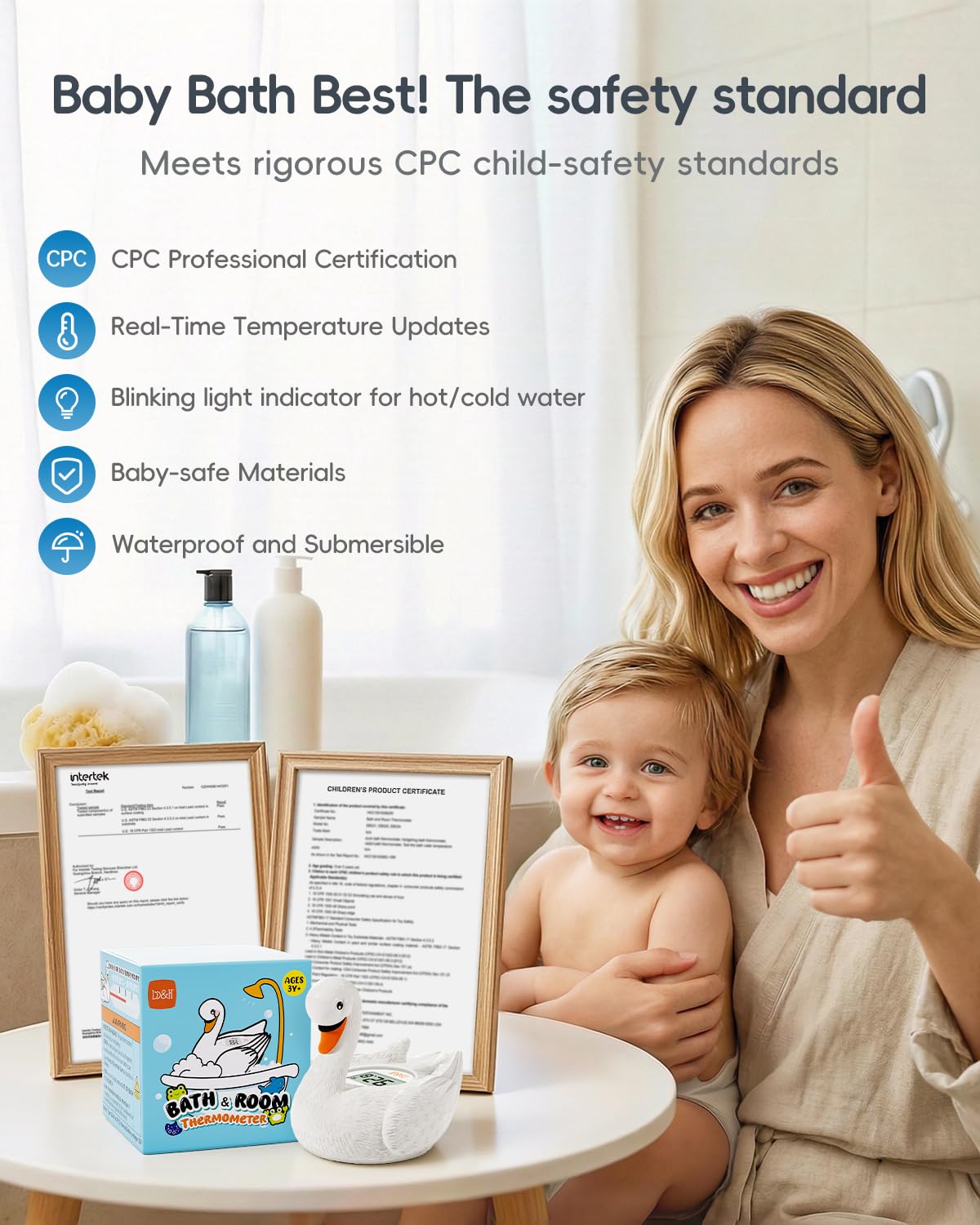 b&h Baby-Badethermometer, weißes Schwanenförmiges Babysicheres, schwimmendes Badethermometer – leicht ablesbarer Bildschirm – zuverlässige Temperaturmessungen, Neugeborene müssen haben und