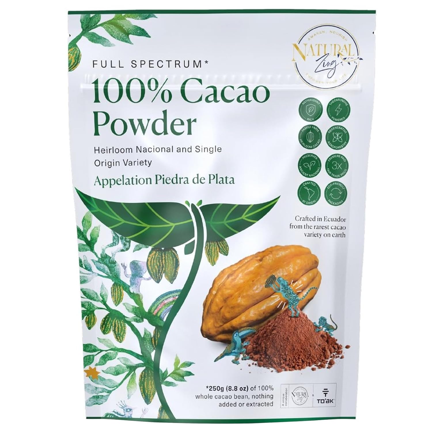 Natural Zing To’ak Organic Cacao Powder – Raw, Unsweetened, Heirloom & Single-Origin, Cocoa Powder for Baking, Smoothies & Hot Chocolate - Ceremonial Grade & Rich in Theobromine & Magnesium 8 oz