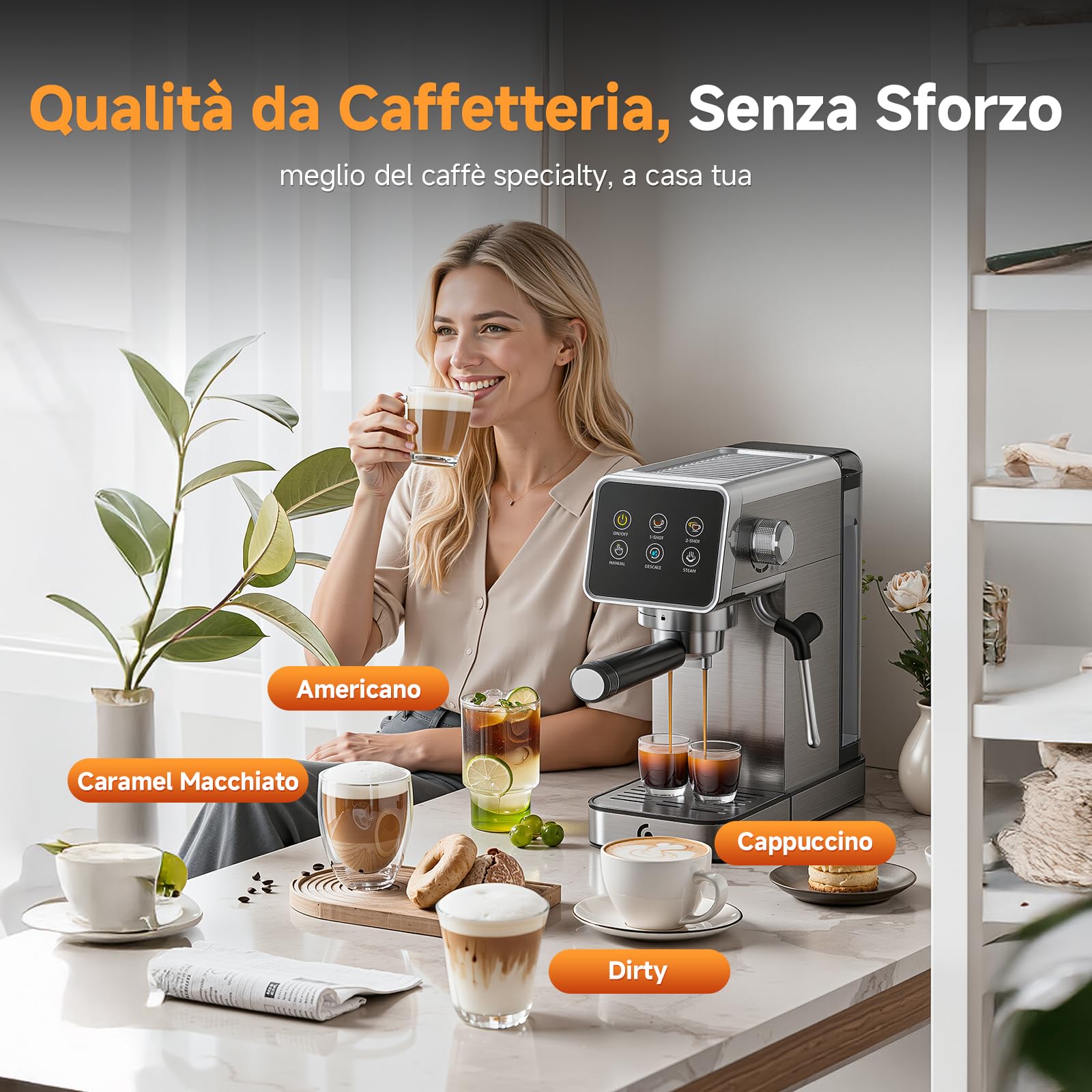 AMZCHEF Macchina Caffè Espresso 20 Bar in Acciaio Inox con Touchscreen LED, Macchina Espresso con Funzione Autopulizia e Lancia Vapore, Compatta per Cappuccino e Latte, Ideale per Casa e Ufficio