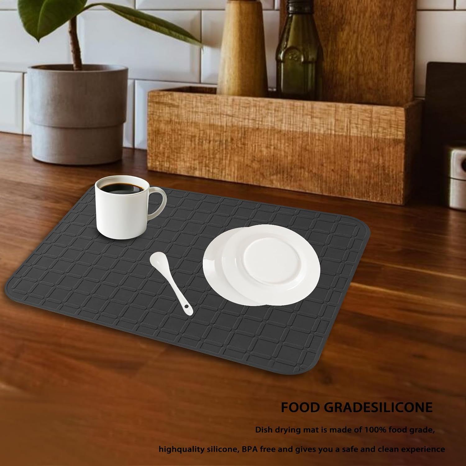 Silicone Dish Drying Mat Non Slip Heat Resistant Large Pad for Sink & Countertop, Easy-Clean Drainer Tray, Fits Kitchen Drawer or Fridge (9x7 Inch, Black)