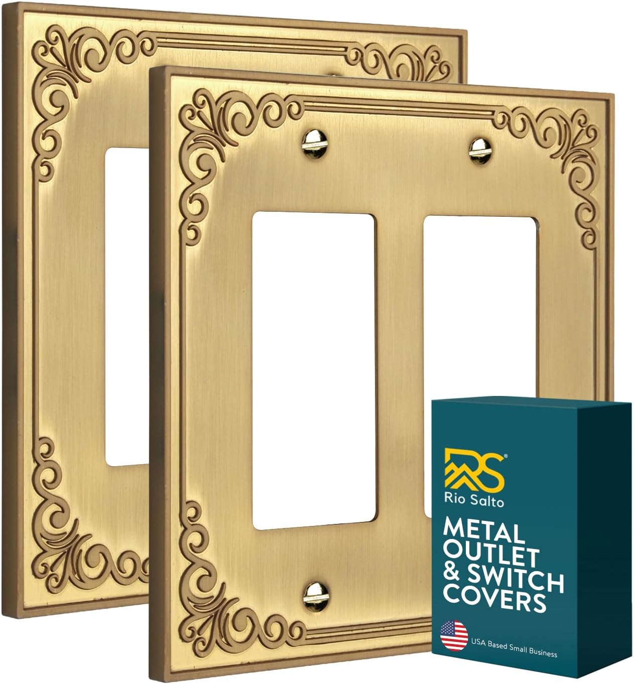Rio Salto Palazzo Collection Brushed Brass Gold Decorative Double Rocker Light Switch Plate and Outlet Cover Wall Plate – 5" x 5" Ornate Classic Metal Design Midsize Premium Heavy-Gauge Wall Plates