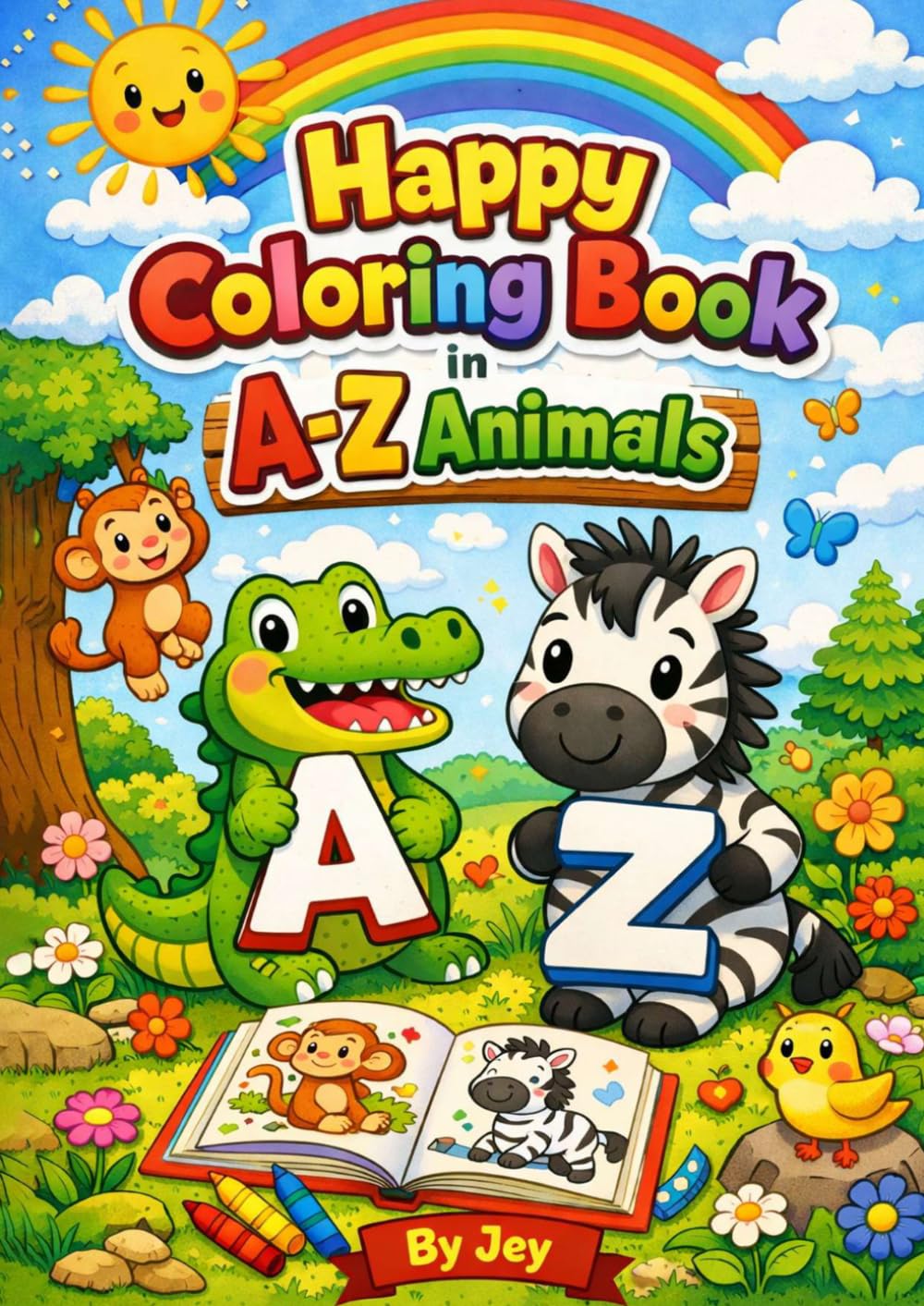 Coloring Book in A–Z Animals: Happy Coloring Book in A–Z Animals, Fun and Easy Animal Coloring Pages for Kids Ages 3–6 | Learn the Alphabet with Cute Animals