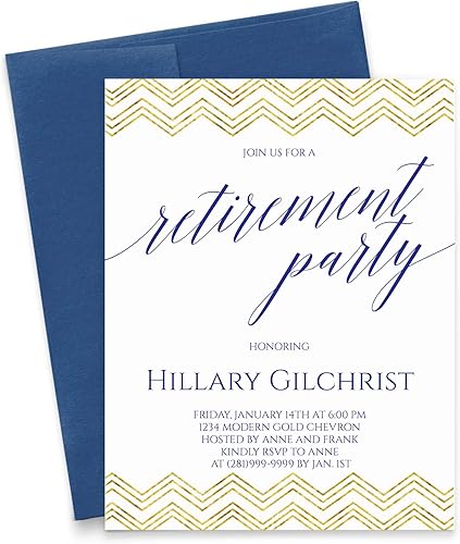 Chevron Retirement Dinner Invitation, Modern Gold Retirement Party Invites, Your choice of Quantity and Envelope Color