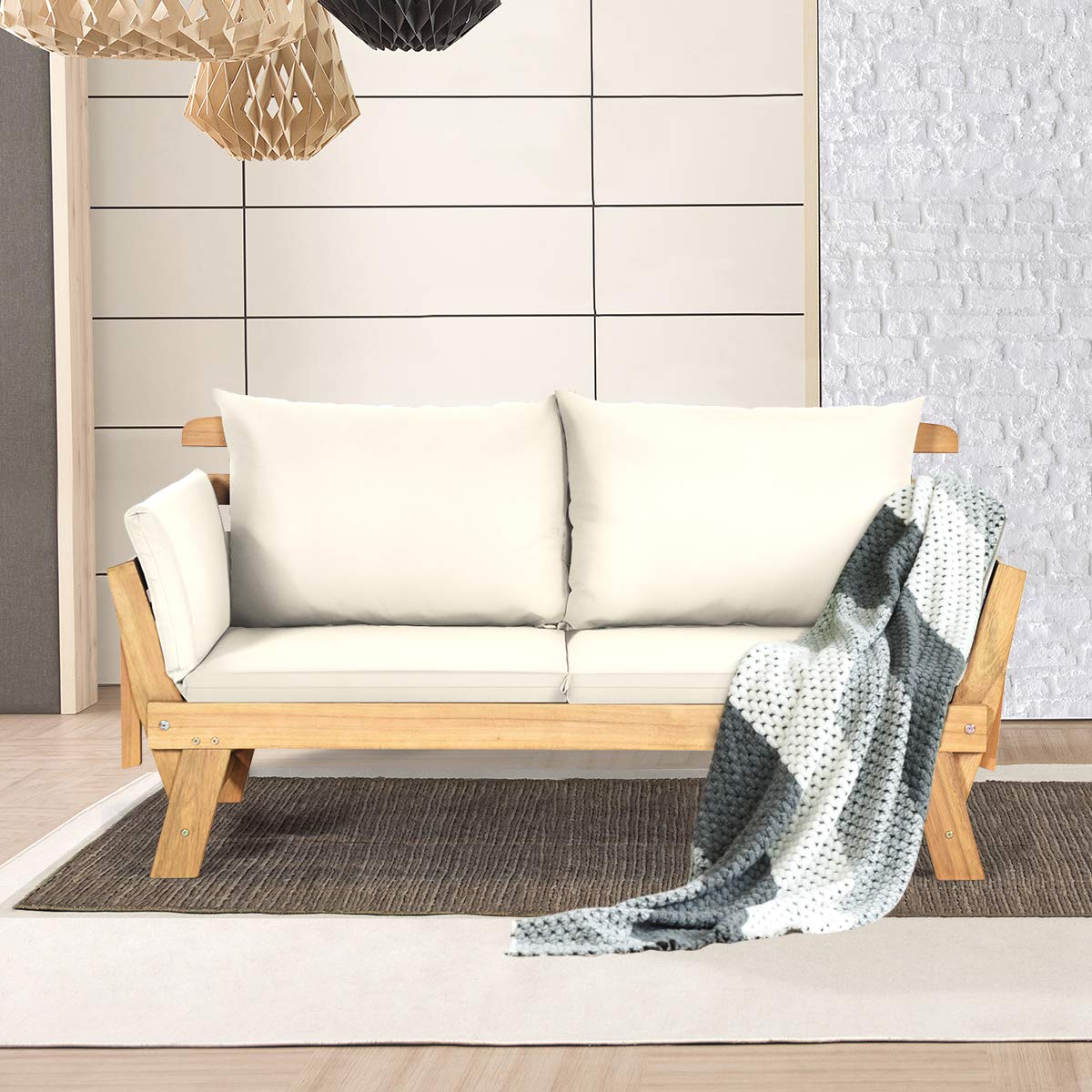 GIANTEX Divano Esterno da Giardino 2 Posti con Cuscino，Set da Giardino in Legno Certificato FSC®，Sdraio da Giardino Pieghevole da 2 Persone,153/194 x 72 x 76 cm，Beige/Grigio