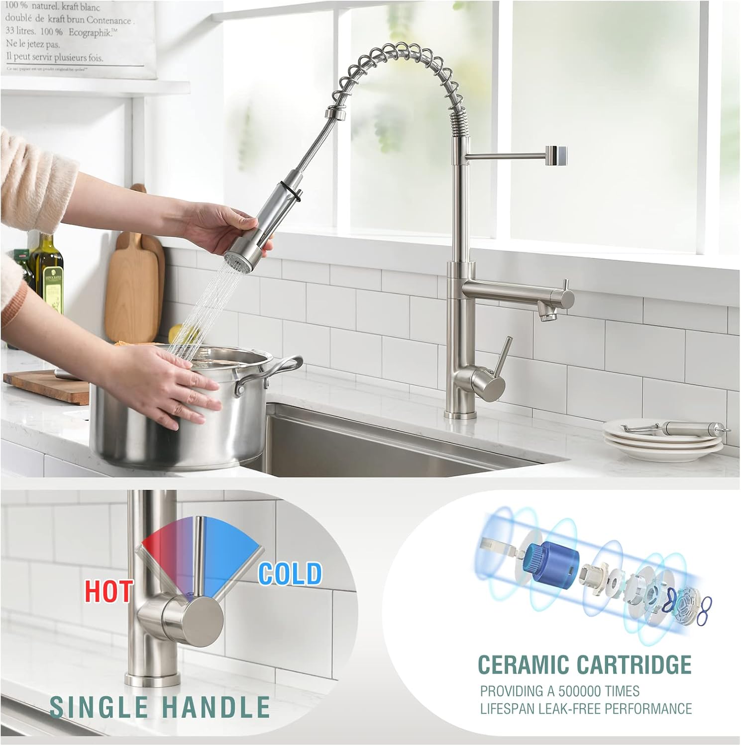 Fapully Commercial Kitchen Sink Faucet, Pull-Down Sprayer Kitchen Faucets Brushed Nickel - Image 5