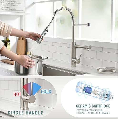 Miniatura 53 de Fapully Grifos de cocina con rociador extraíble, grifo comercial de fregadero de cocina de una sola manija con luz LED, níquel cepillado