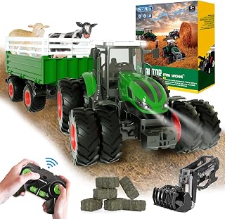 Remote Control Tractor, Farm RC Tractor Toy with Trailer and Loading Arm, Realistic Farm Vehicle Animals Toys Include 2.4 Ghz RC Tractors, Cows, Sheep and Hay Bales, Gift for 3, 4-7+ Year Old Kids