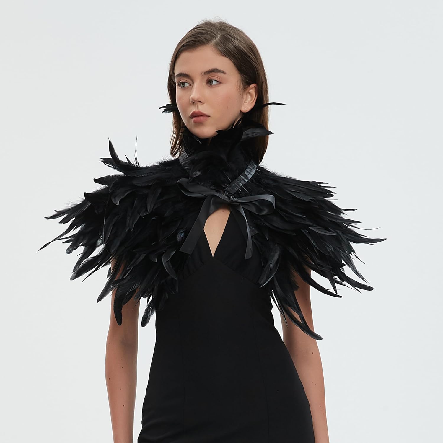 Black Feather Shawl Cape for Women Gothic Feather Collar Shoulder Wrap, Halloween Witch Costume - Image 3