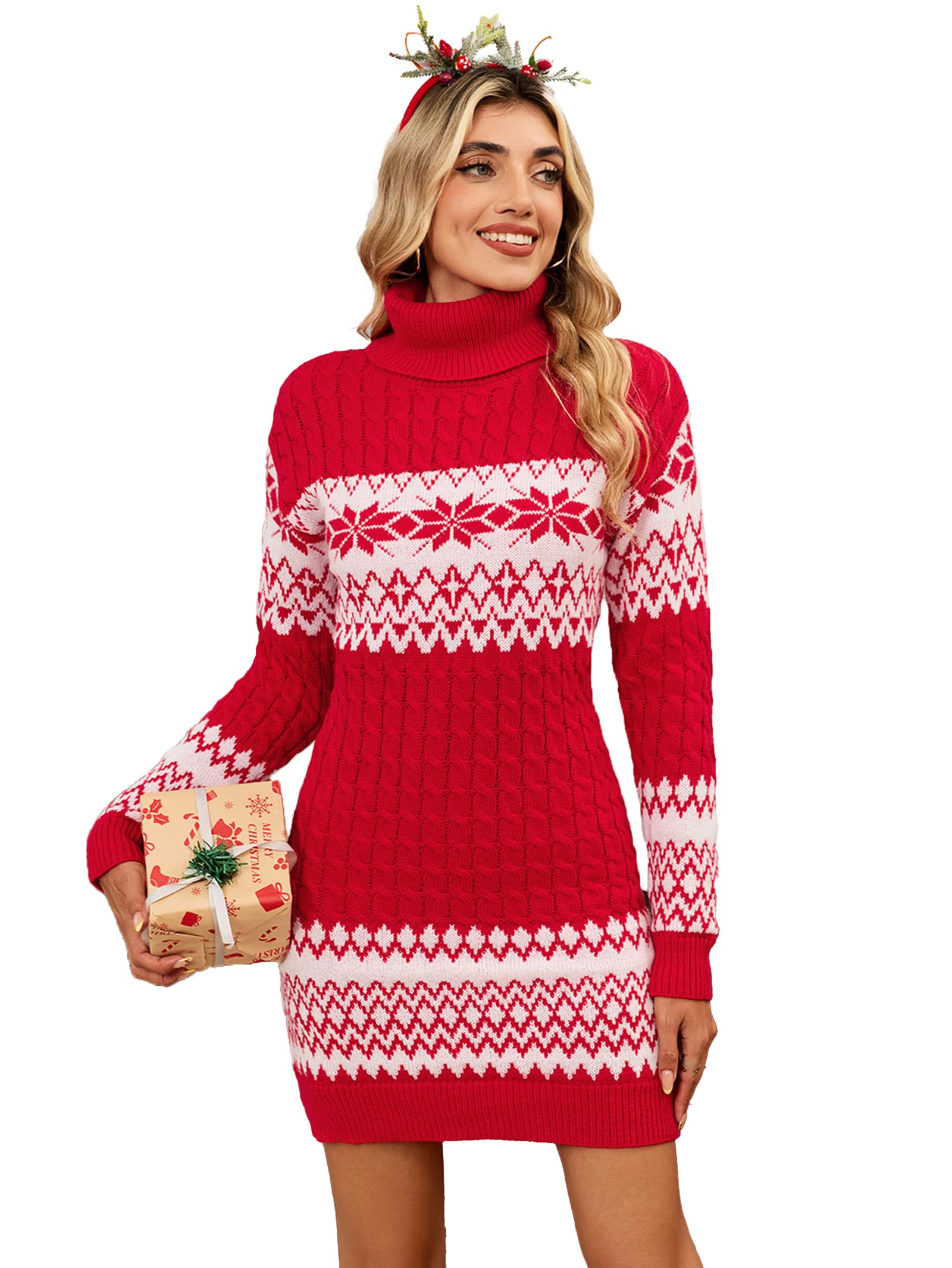 SunnyMelody Womens Ugly Christmas Turtleneck Cable Knit Sweater Dress 2025 Snowflake Long Sleeve Sweaters Dresses