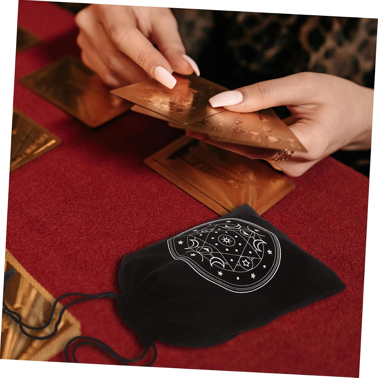 Garneck Tarot Cards Drawstring Storage Bag Flannelette Tarot Card Pouch for Jewelry Coins Divination Supplies Portable Style
