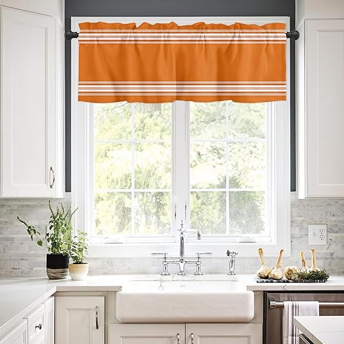 Miniatura 2 de Artwork Store Curtain Valance for Window Kitchen Decor, Thanksgiving Fall Orange White Stripe 54" x 18" Window Treatment Curtains Topper Rod Pocket