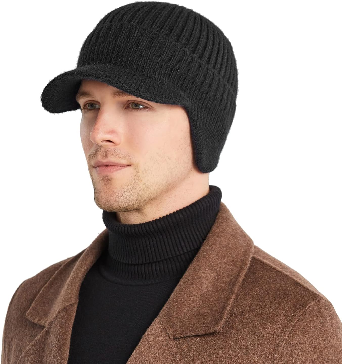 Winter Visor For Men Warm Earflaps Beanie Hat Knitted Fleece Baseball Cap