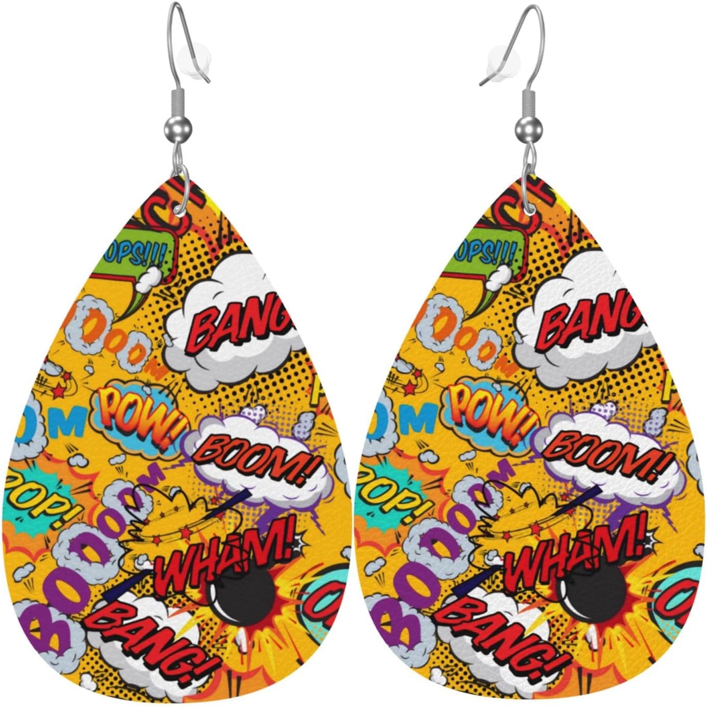 Fun Retro Comic Book Pop Art Explosions Earrings For Women Leather Teardrop Cute Accessories Dangle Lightweight Funny Gifts