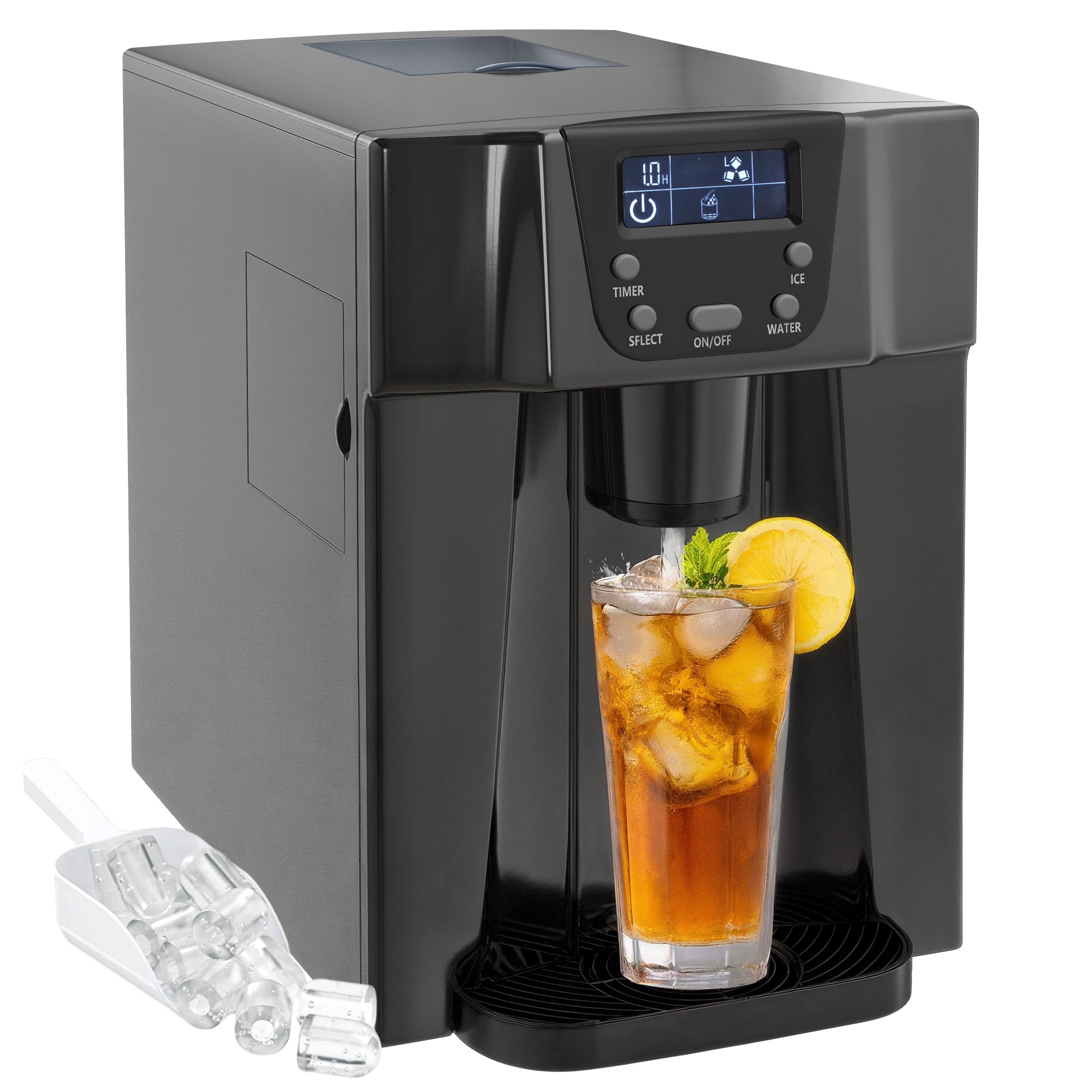 HOMCOM Machine à Glaçons avec Distributeur d'Eau, 12kg en 24h, 9 Glaçons en 6-10 Minutes, Ice Maker Portable, Taille de Glaçon Réglable, Minuterie, Réservoir d'Eau 3L, pour Maison, Cuisine, Bar, Noir