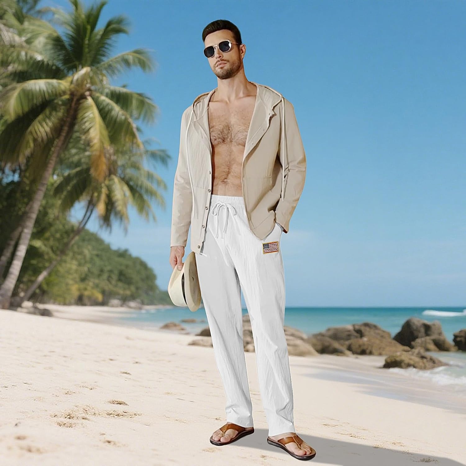 Mens Linen Pants Elastic Waist Drawstring Summer Beach Yoga Pants Wide Leg Trousers with Flag Label - Image 4