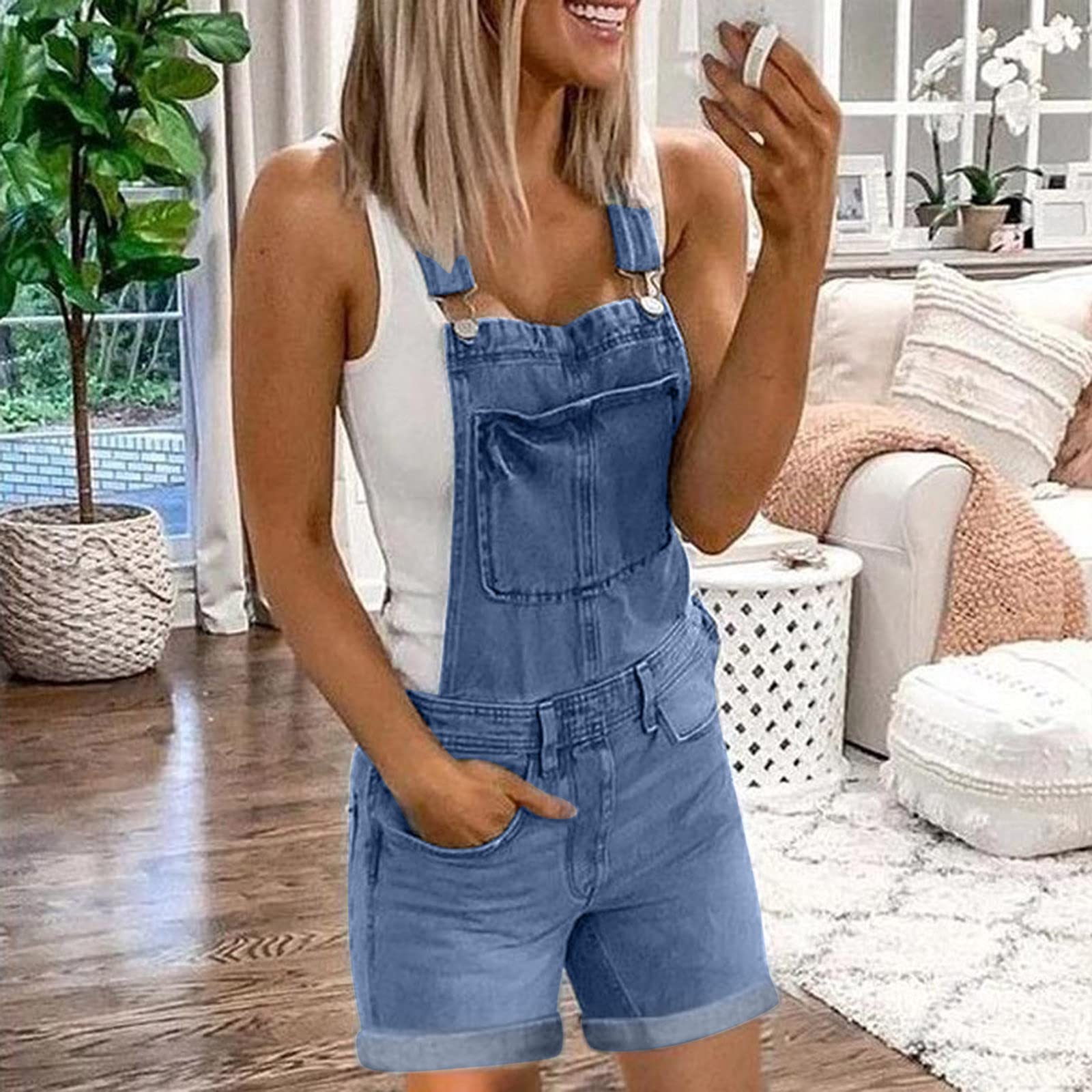 Generisch Salopette courte en jean pour femme - Salopette de travail pour femme - Pantalon court en jean baggy - Salopette en denim avec poches - Salopette vintage avec boutons - Jeans évasé