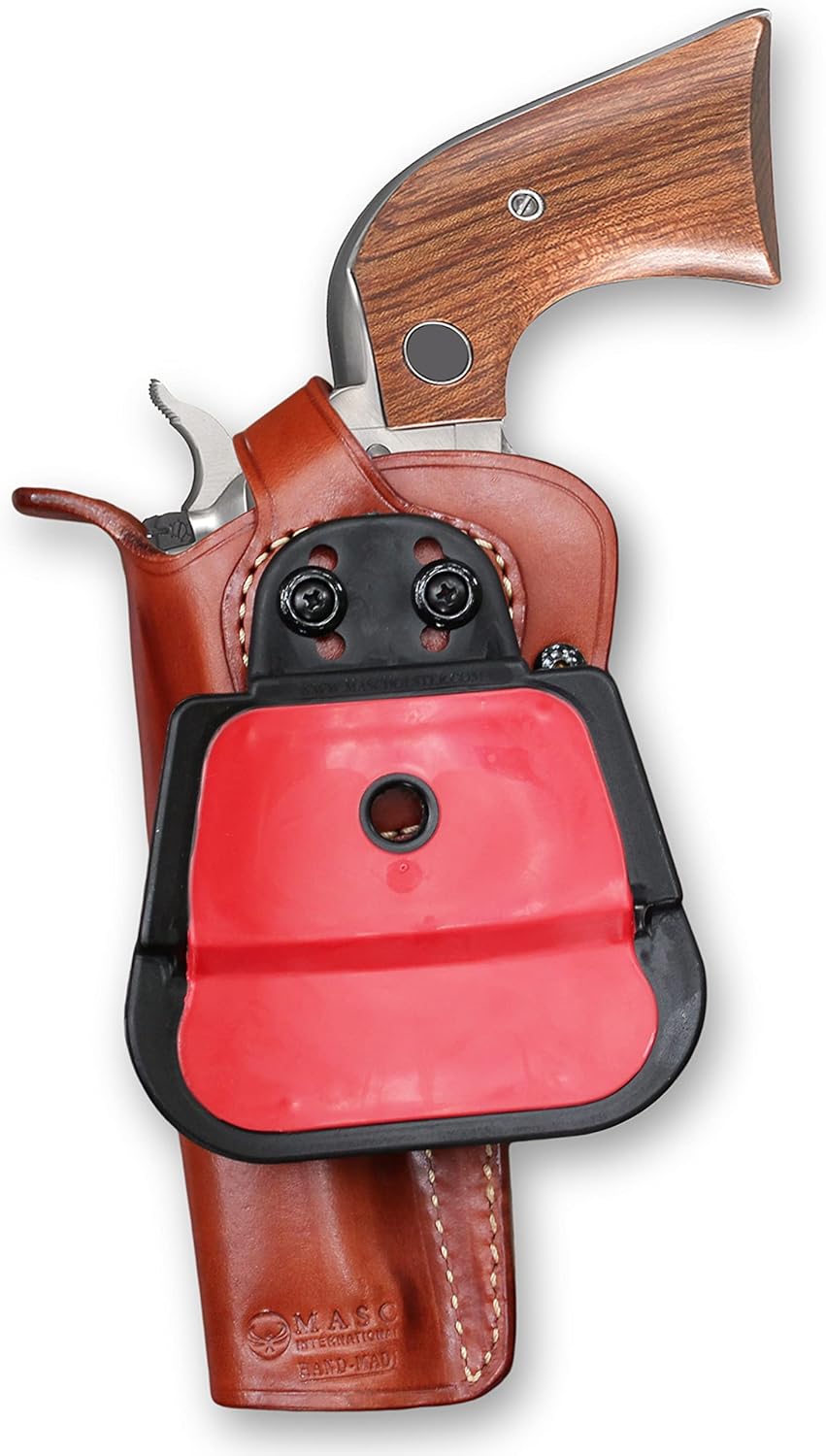 Masc OWB Leather Paddle Revolver Holster with Retention Strap, Fits Single Six Series .22 LR / 22 WMR 4.6-inch, Right Hand Draw, Brown #1450#