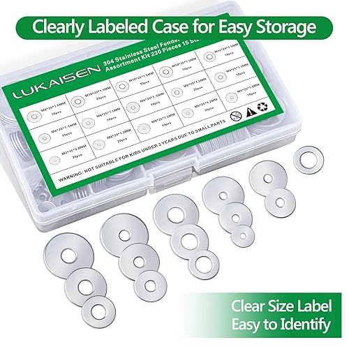 Miniatura 5 de Juego de 230 arandelas planas grandes, kit surtido de arandelas planas de acero inoxidable 304, 15 tamaños M3M4M5M6M8M10M12, arandelas redondas