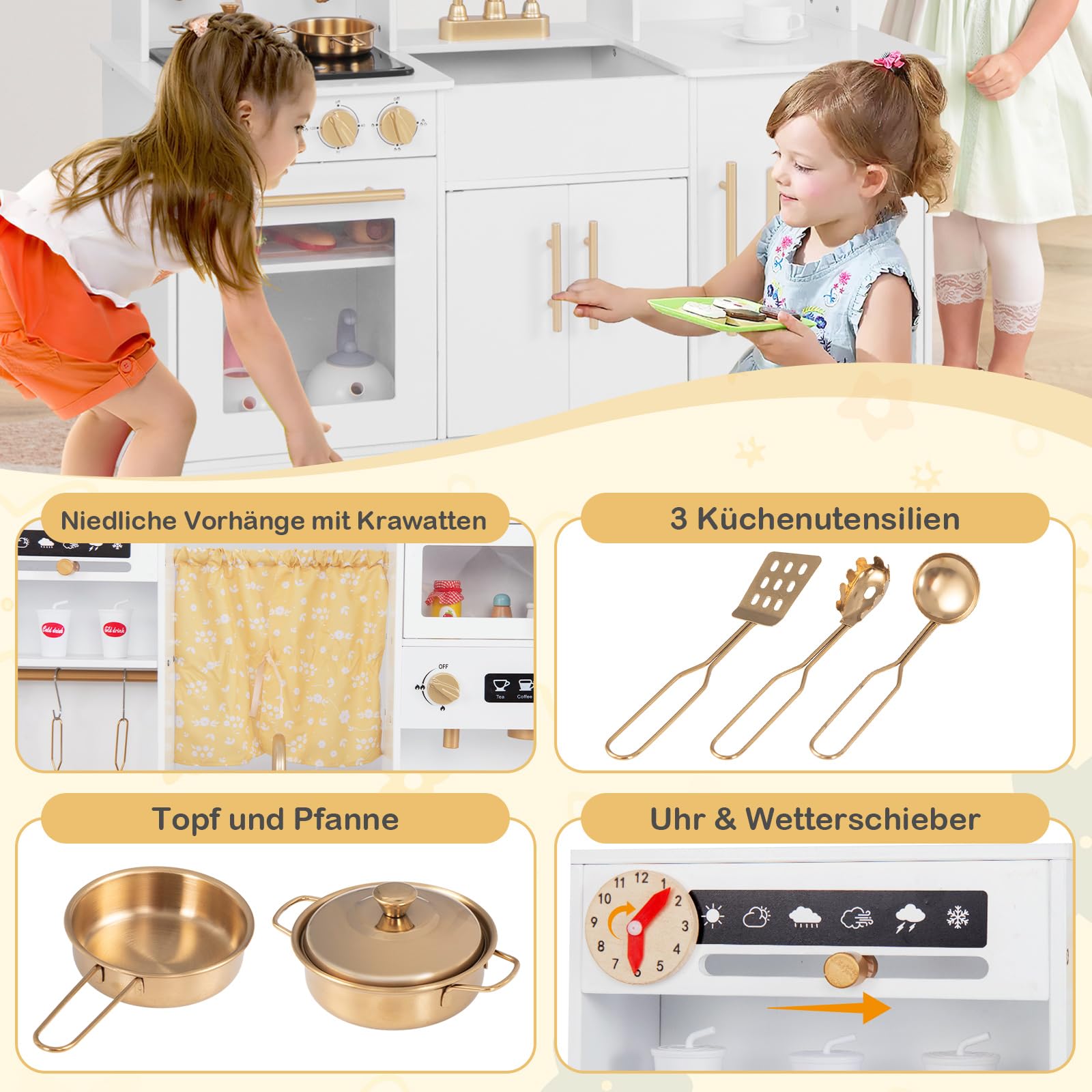 COSTWAY Kinderküche aus Holz, Spielküche mit Licht und Sound, Kinder Küche mit Spüle, Wasserhahn, Herd, Wasserspender, Mikrowelle, Spielzeugküche mit Zubehör für Kinder ab 3 Jahren (Weiß)