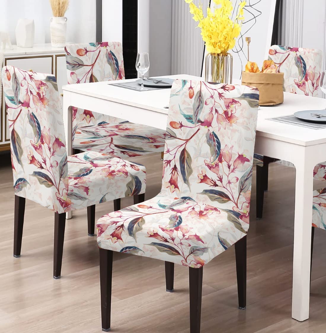 BRIDA® Stretchable Floral Geometric Printed Dining Chair Covers Set of 4 Seater Elastic Chair Seat Case Protector, Slipcovers (4 Chair Cover, Red Leaves),Polyester;Polyester Blend