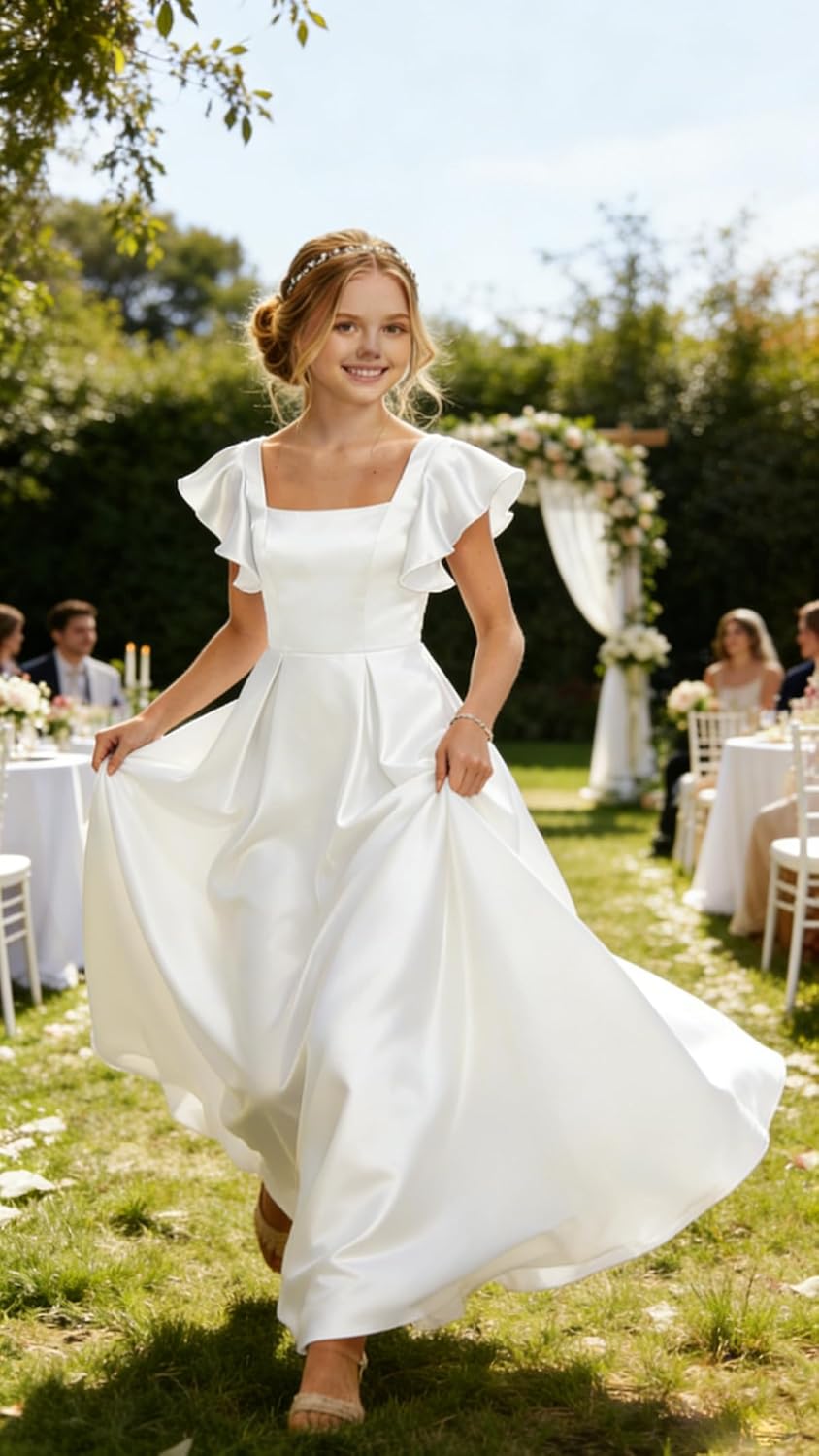 Satin Junior Bridesmaid Dresses Ruffle Sleeve Square Neck Flower Girl Dresses for Wedding Formal Gown QT015