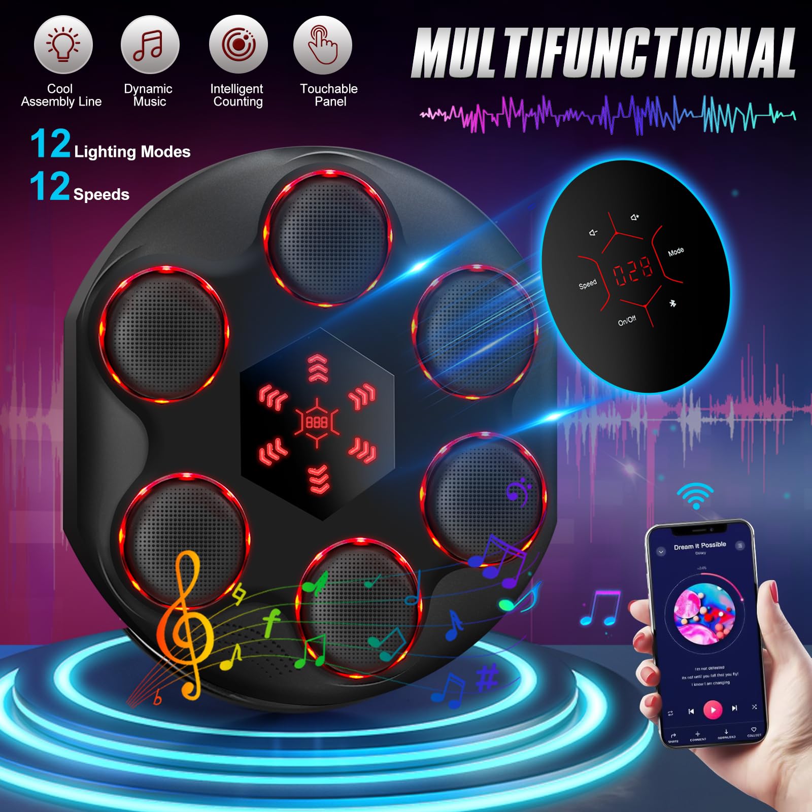 Ulikey Macchina da Boxe Musicale, Music Boxing Machine con Bluetooth e 12 modalità di velocità e di Conteggio, LED Macchina da Boxe Musicale con Guanti da Boxe per Adulti e Bambini