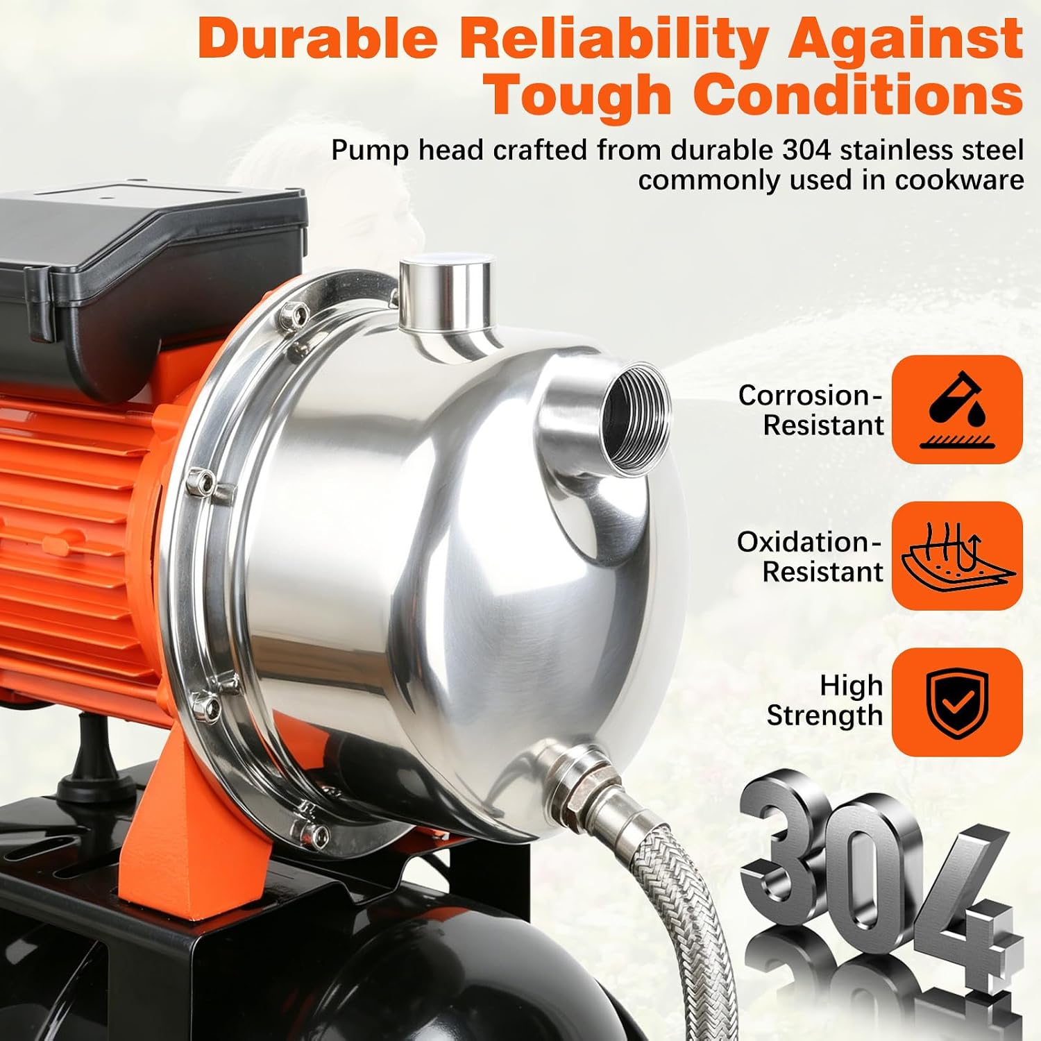 1 HP Shallow Well Pump with Pressure Tank, 1000 GPH, Automatic Irrigation Water Booster Pump with 130 ft Head Lift 20/40 PSI Pressure Switch 304 Stainless Steel Pump Head for Home Garden Lawn