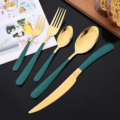 Miniatura 19 de JASHII Juego de cubiertos martillados modernos de acero inoxidable con mango dorado y blanco, decoración de lujo, servicio para 4, pulido espejo