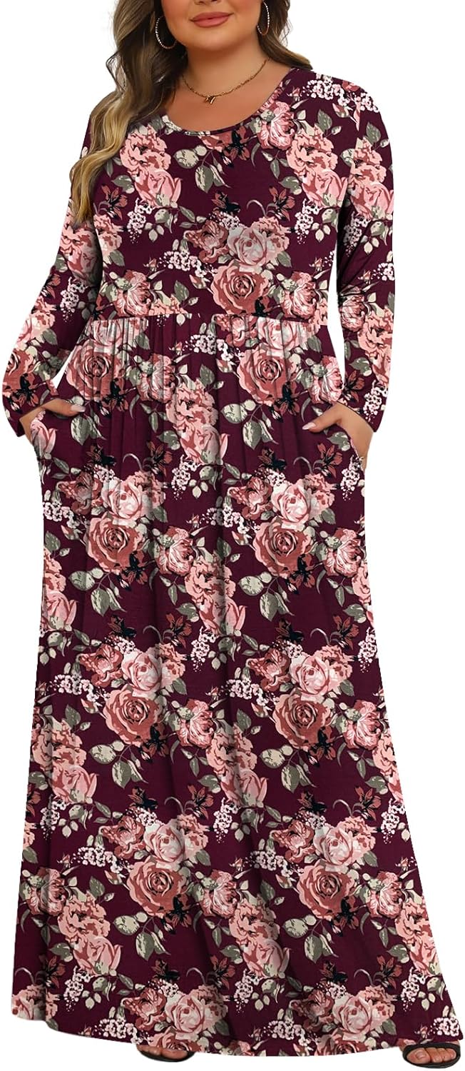 Tencede Womens Plus Size Maxi Dresses Long Sleeve with Pockets Casual Long Dress 1X-5X