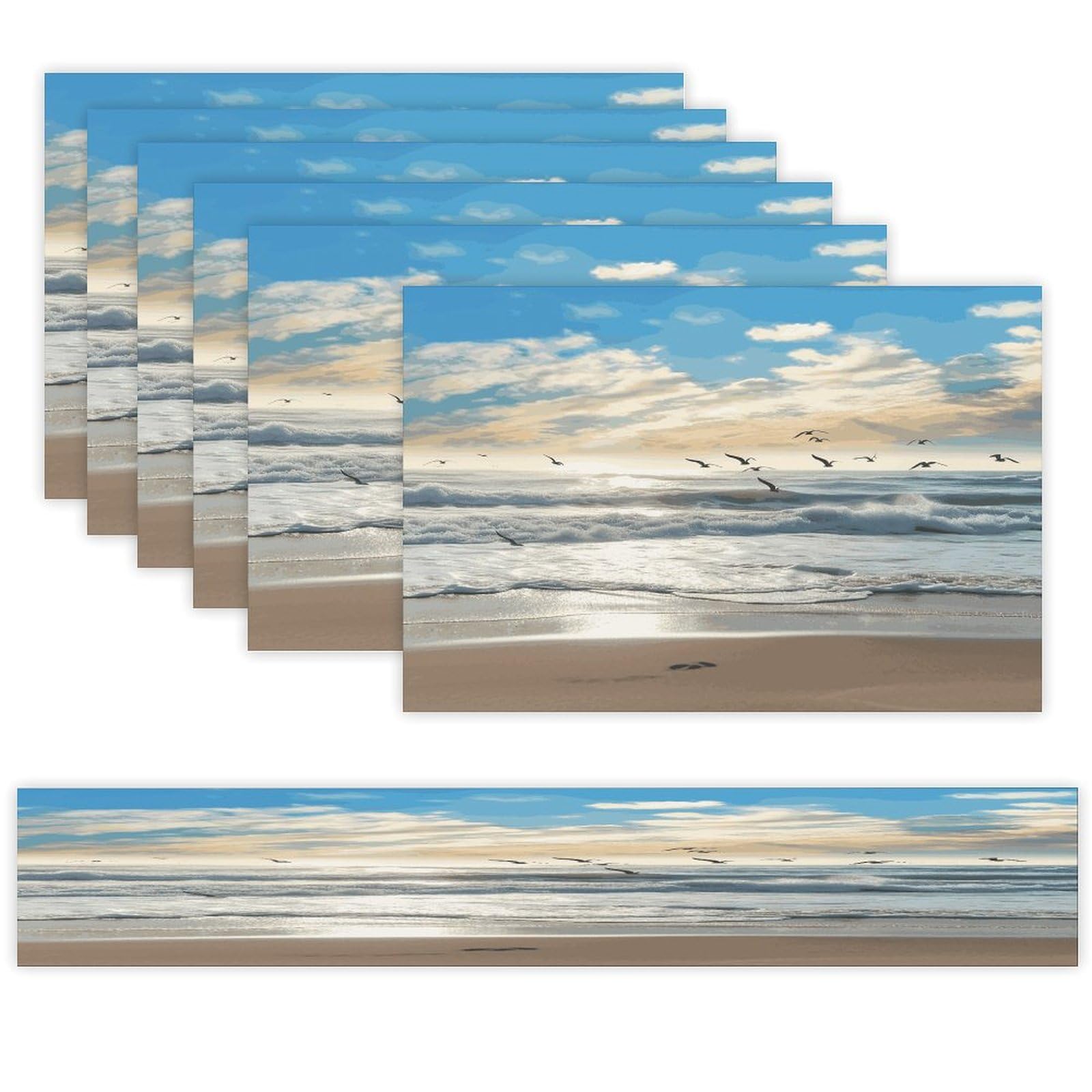 Waves on The Beach with Sea Birds Table Runner and Placemats Set of 6 Wipe Clean Heat Resistant Table Mat with Table Runner Decorations Flax Linen Place Mat Set for Home Kitchen Party Supplies