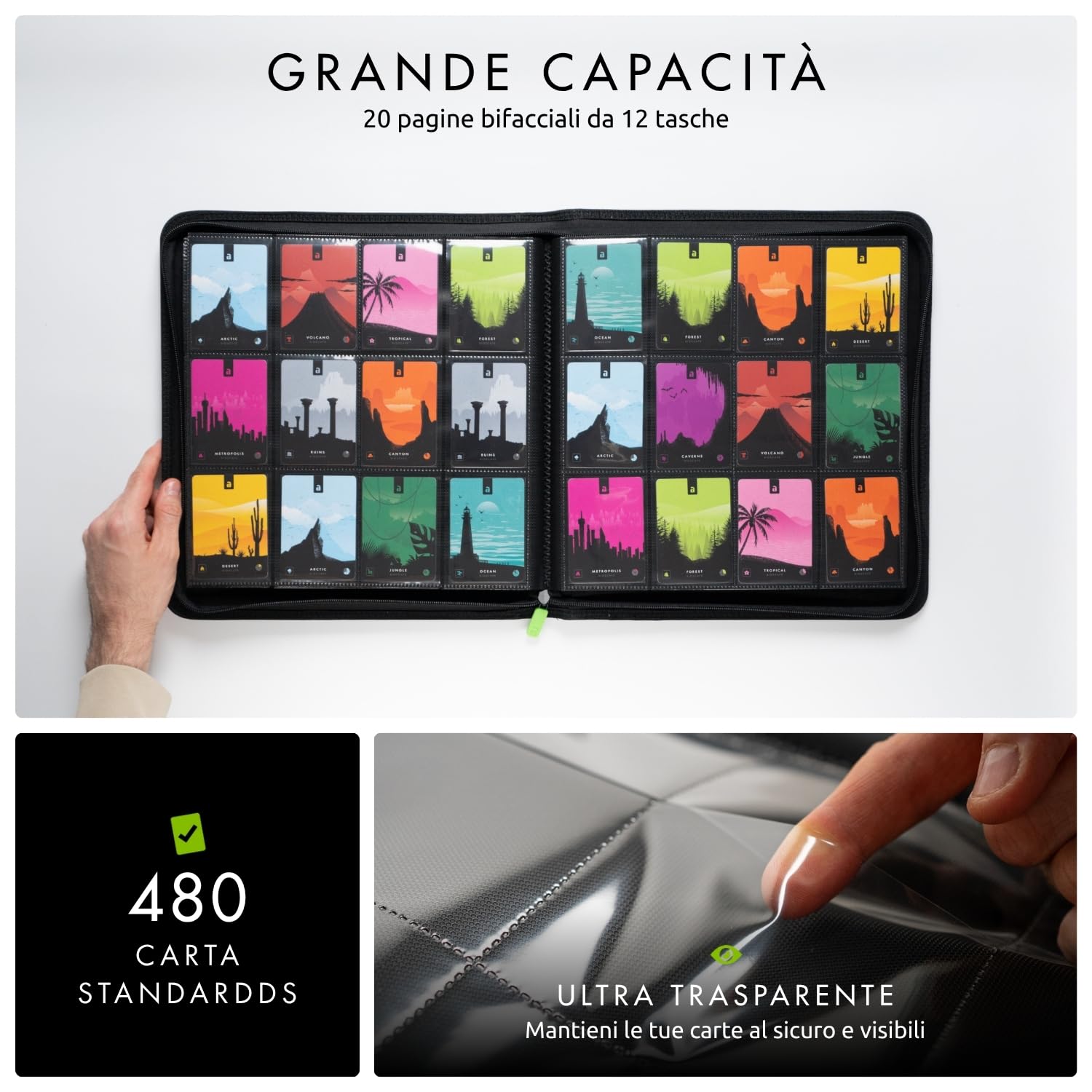 Vault X Raccoglitore per Carte da Collezione a 12 Tasche con Cerniera, 480 Carte, Materiale Exo-Tec per Album, 20 Pagine a Caricamento Laterale, TCG (Nero)